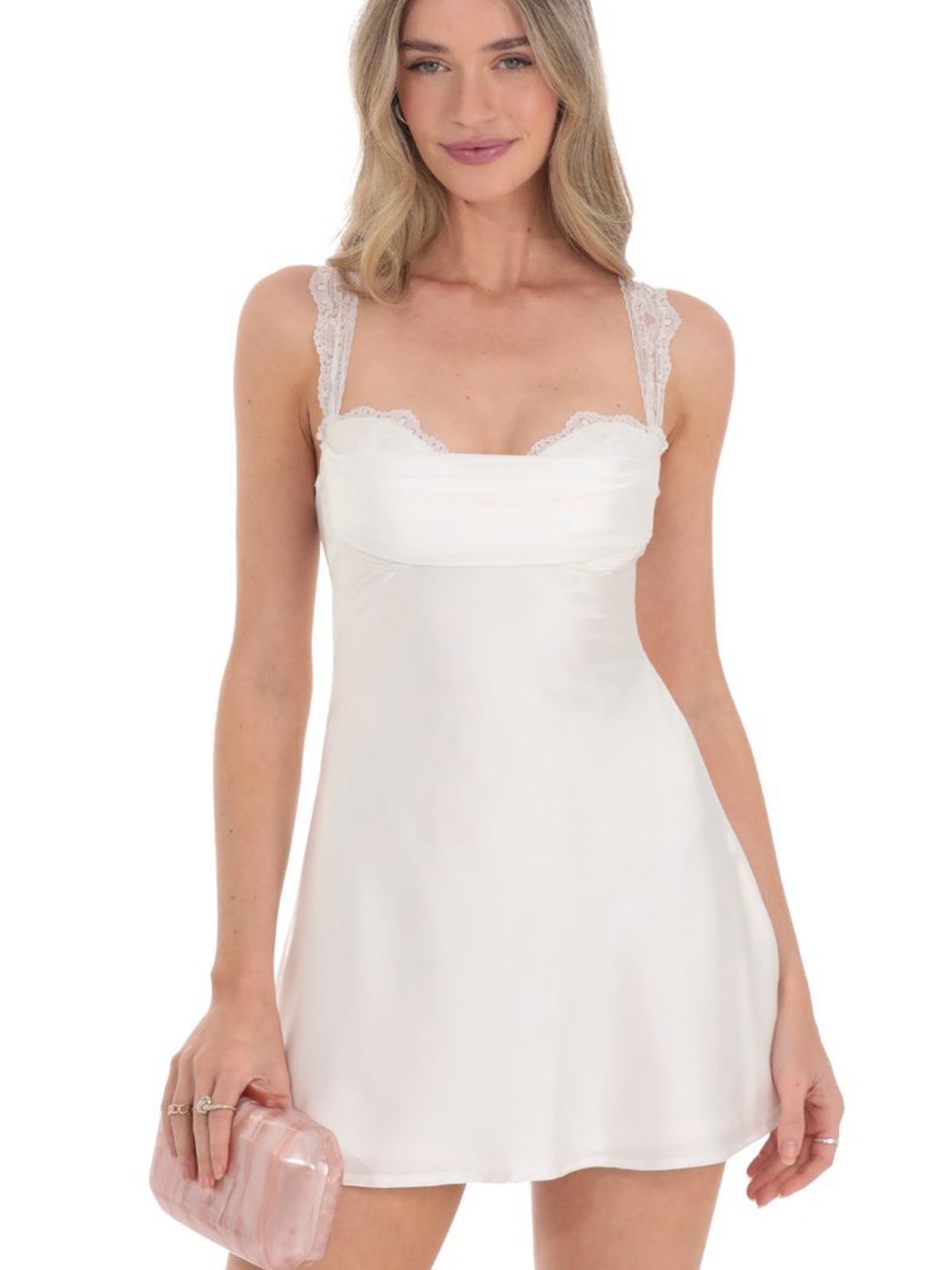 lucy in the sky lace strap satin dress in white